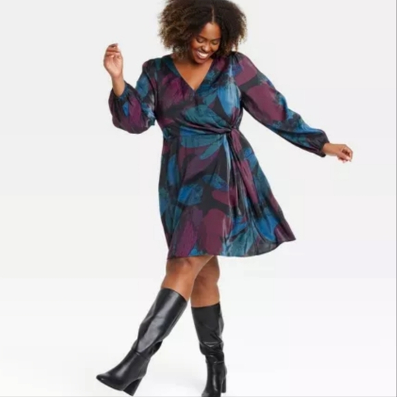 NWT Ava & Viv Balloon Long Sleeve Midi Wrap Dress In Black Floral Size 1X - Picture 2 of 11